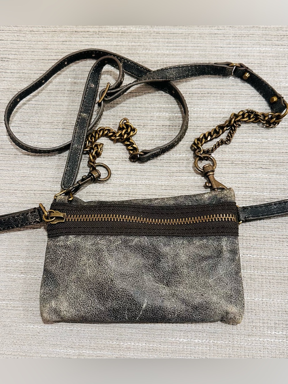 J.Crew Marlo Distressed Leather Crossbody Bag Grey Black Chain‎ Strap Vintage